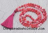 GMN674 Hand-knotted 8mm, 10mm red banded agate 108 beads mala necklaces with tassel