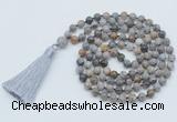 GMN797 Hand-knotted 8mm, 10mm silver needle agate 108 beads mala necklace with tassel
