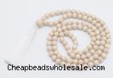 GMN815 Hand-knotted 8mm, 10mm white fossil jasper 108 beads mala necklace with tassel