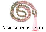 GMN8551 8mm, 10mm unakite & pink wooden jasper 108 beads mala necklace with tassel