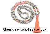 GMN8557 8mm, 10mm dalmatian jasper, cherry quartz & hematite 108 beads mala necklace with tassel