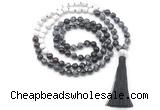 GMN8561 8mm, 10mm snowflake obsidian, matte white howlite & garnet 108 beads mala necklace with tassel