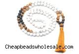GMN8563 8mm, 10mm matte white howlite & mixed gemstone 108 beads mala necklace with tassel