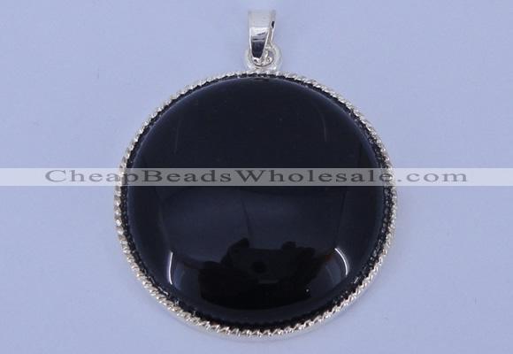 NGP651 5pcs 6*33mm flat round black obsidian with brass gemstone pendants