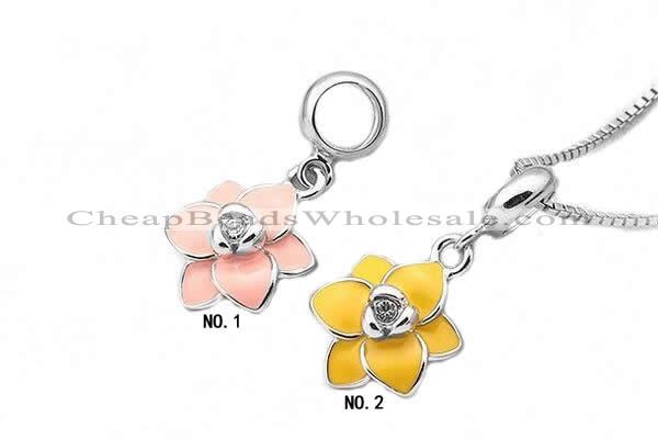 Silv141 9.5*19.7mm 925 Sterling Silver Flowers Pendant Enamel Plated